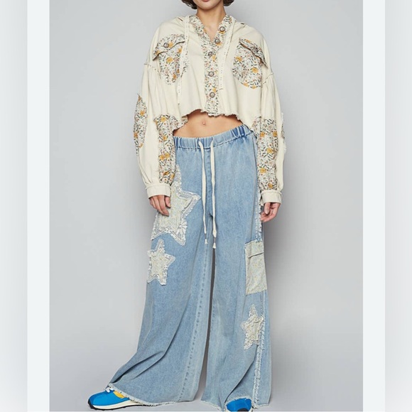 POL Light Blue Flare Jeans Star Patches Fabric Pockets Elastic Drawstring Waist - Picture 7 of 15